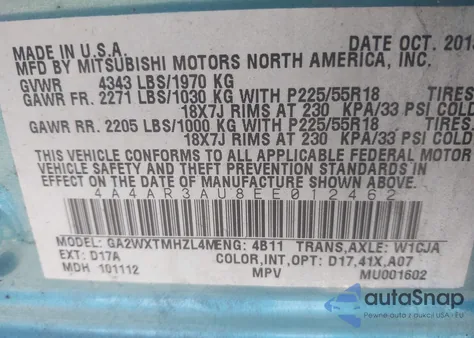 2014 Mitsubishi Outlander Sport Es z USA, uszkodzony, nr VIN 4A4AR3AU8EE012462